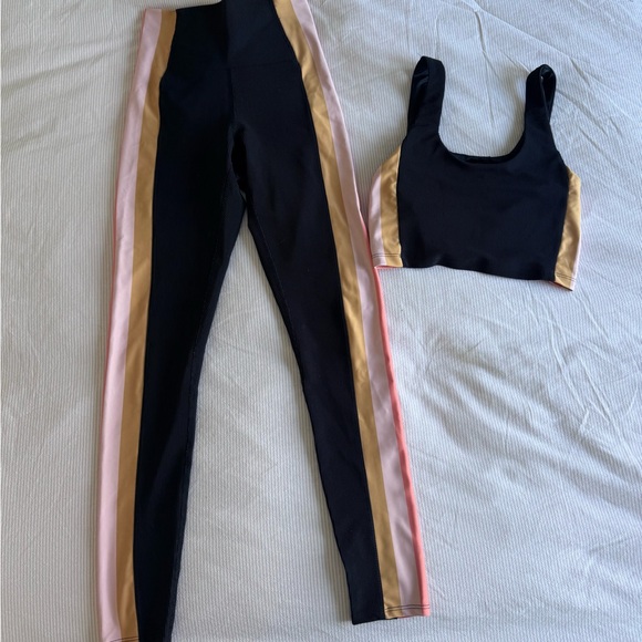 Beach Riot Pants - Beach Riot Black Leggings & Crop Top with Pink and Gold Stripes